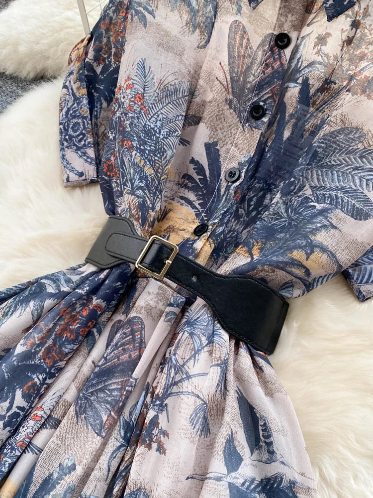 Party Dress Summer French Print Dress High Waist Retro Single Breasted Belt Long Dress