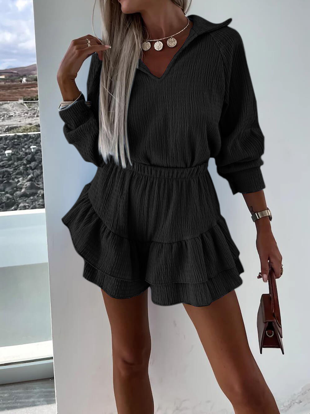 V-neck Shirt and Flared Skort Two-piece Set