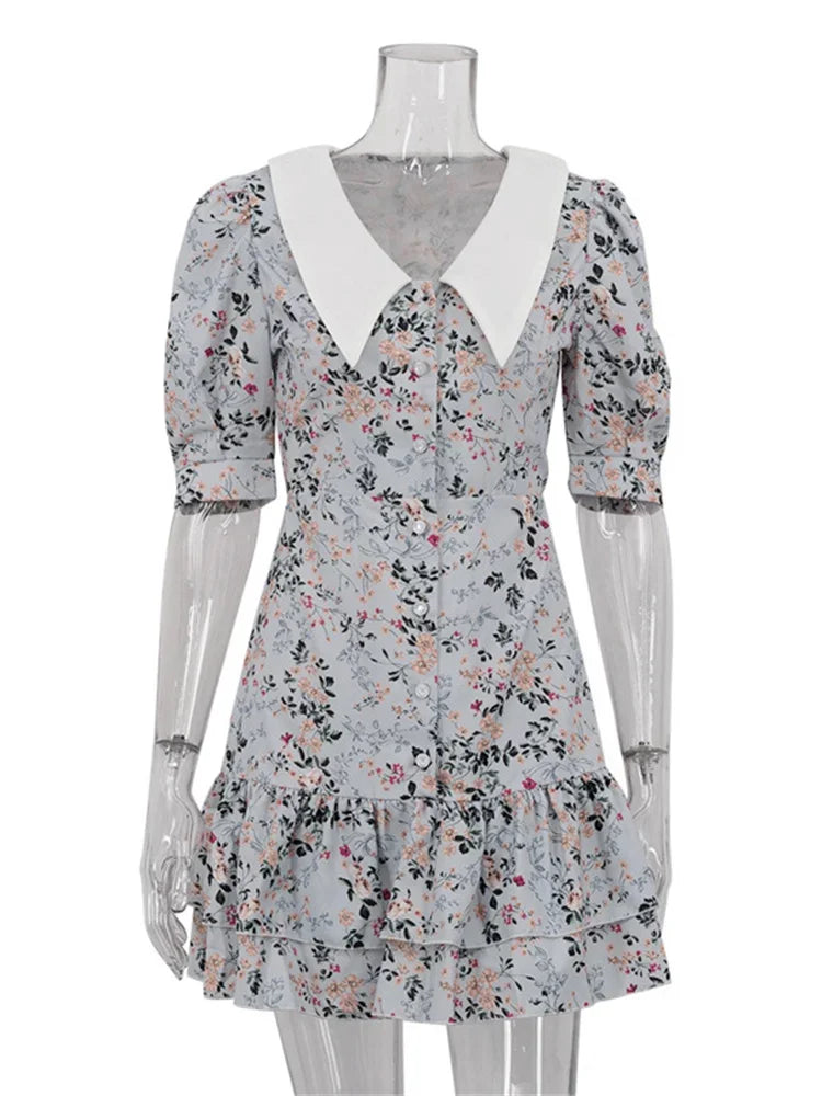 Printed Ruffled V-neck Mini Dress Female Short Sleeve Slim High Waist Party Dress ’s Summer Dress New