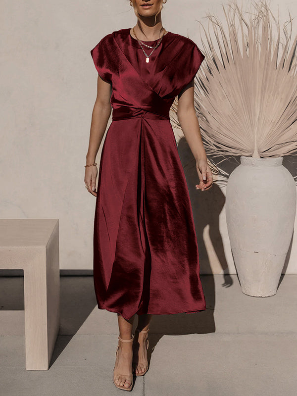 Loose Short Sleeves Color Split-joint Tied Waist Round-neck Midi Dresses