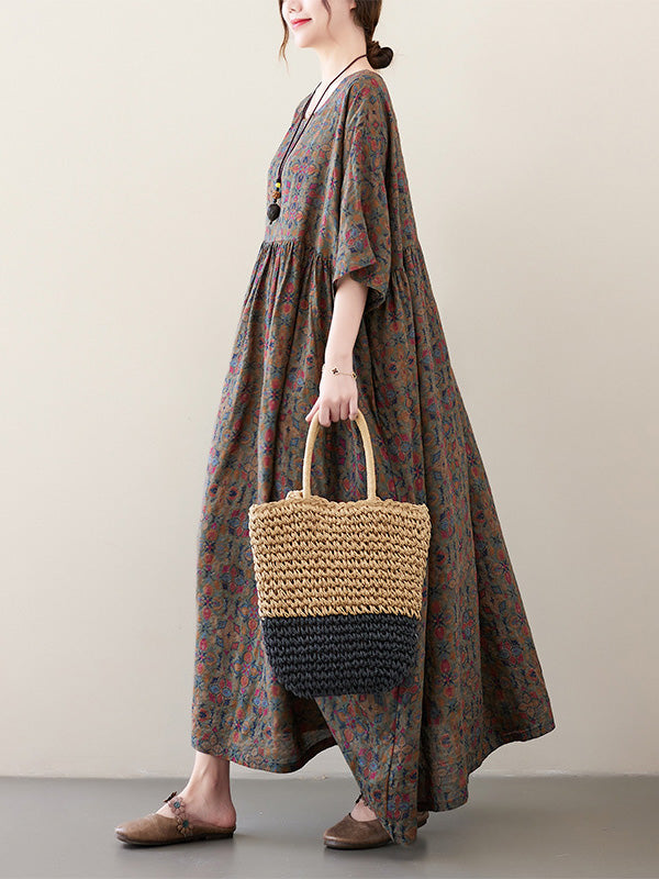 Vacation Loose Half Sleeves Printed Pleated Round-neck Midi Dresses