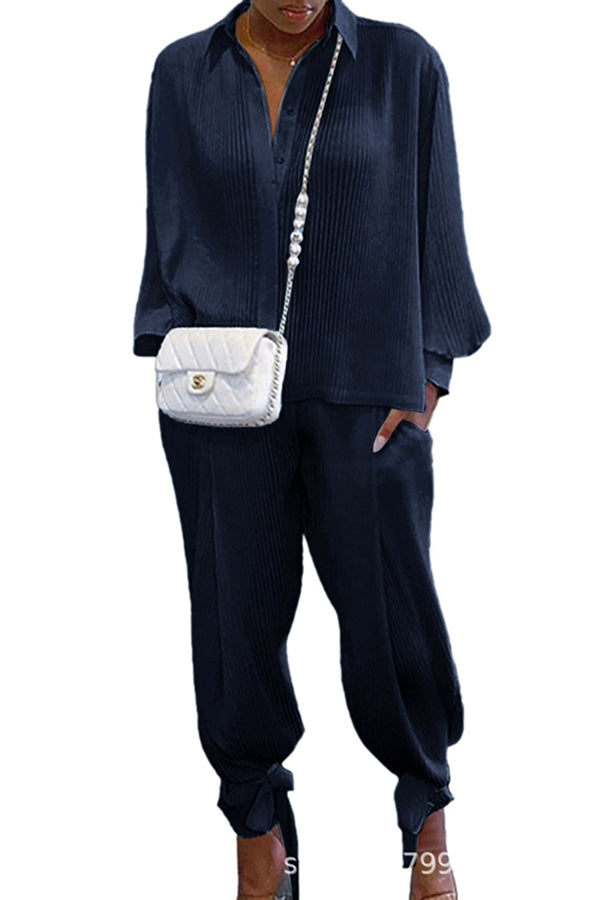 Shirt Collar Stripe Side Pocket Top Pant Set