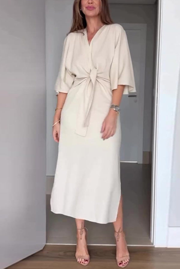 Color V-neck Half-sleeve Waist-tied Midi Dress