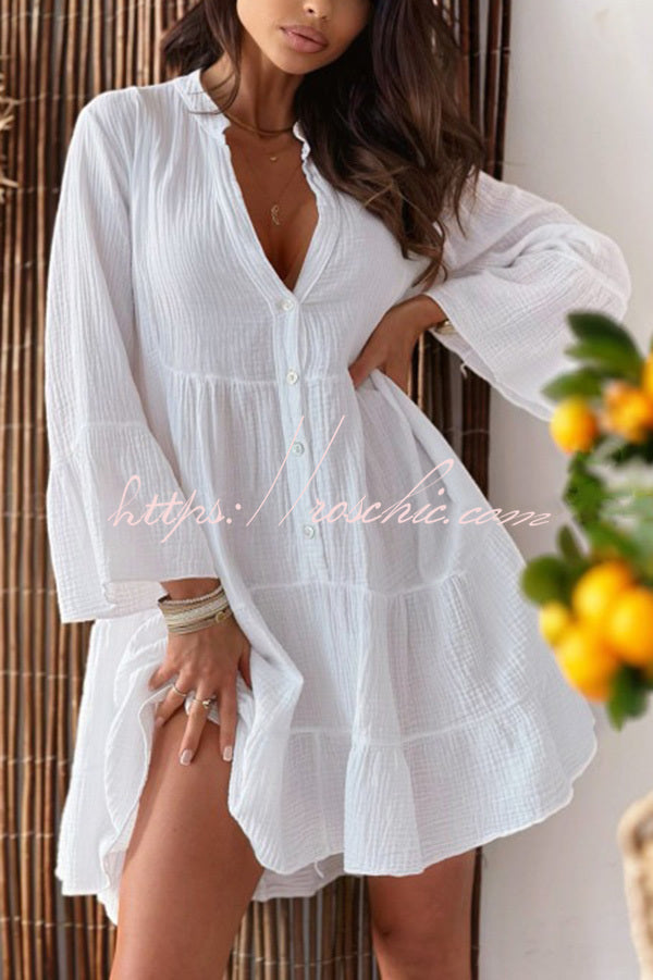 Linen Blend V-neck Bell Sleeve Mini Dress