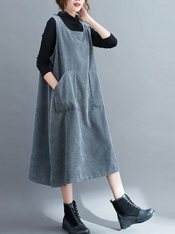 Corduroy Sleeveless Split-joint Round-neck Midi Dress