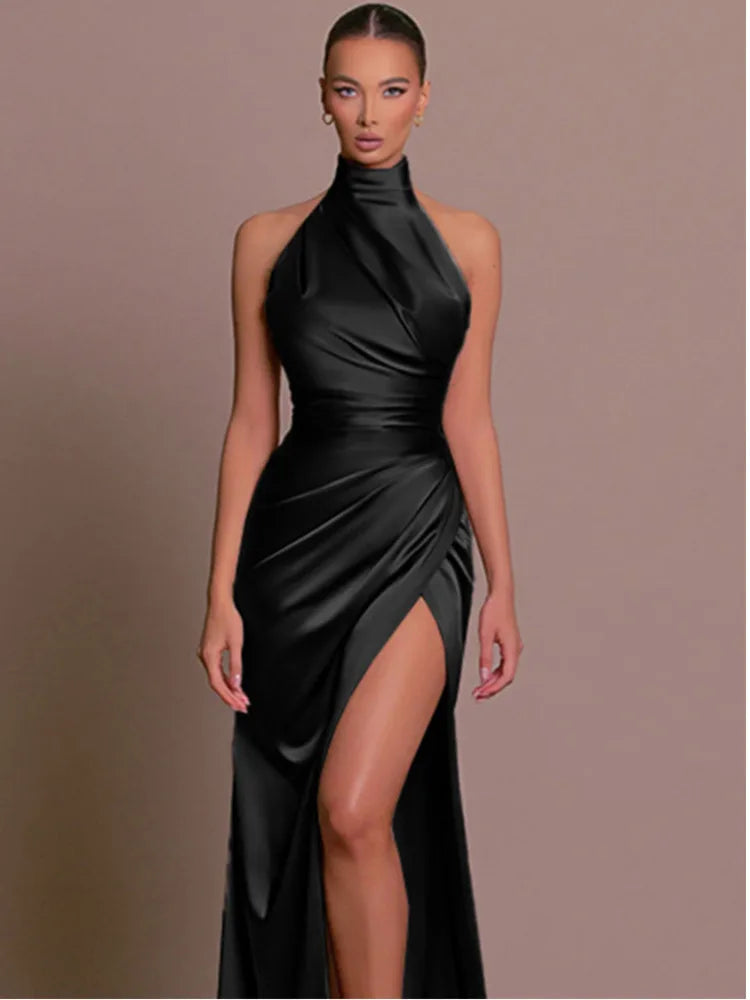 Satin Hanging Collar Sleeveless Split Slim Fit Dress Slim Summer New Long Dress Party Evening Dress