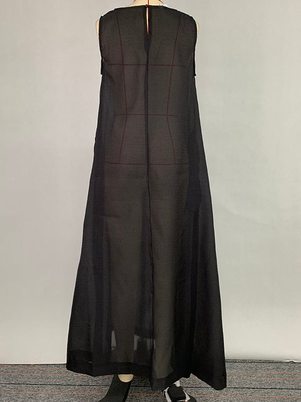 A-line Loose Pockets See-through Color Round-neck Cover-up Midi Dresses