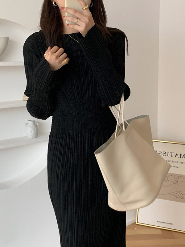 Simple Long Sleeves Black Split-joint Elasticity Waist Pleated Midi Dress