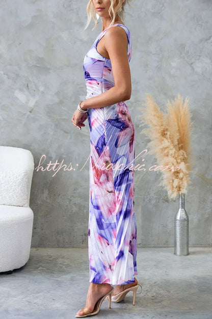 Laken Print One Shoulder Adjustable Tie Cutout Pleated Maxi Dress