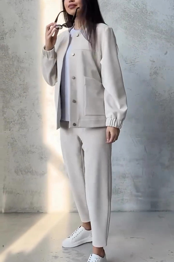 Color Loose Fit Long Sleeve Button Pocket Top and Pants Set
