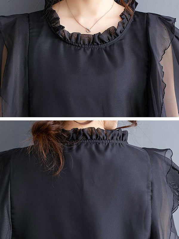 Loose Ruffle Sleeves Falbala Ruffled Color Round-neck Midi Dresses