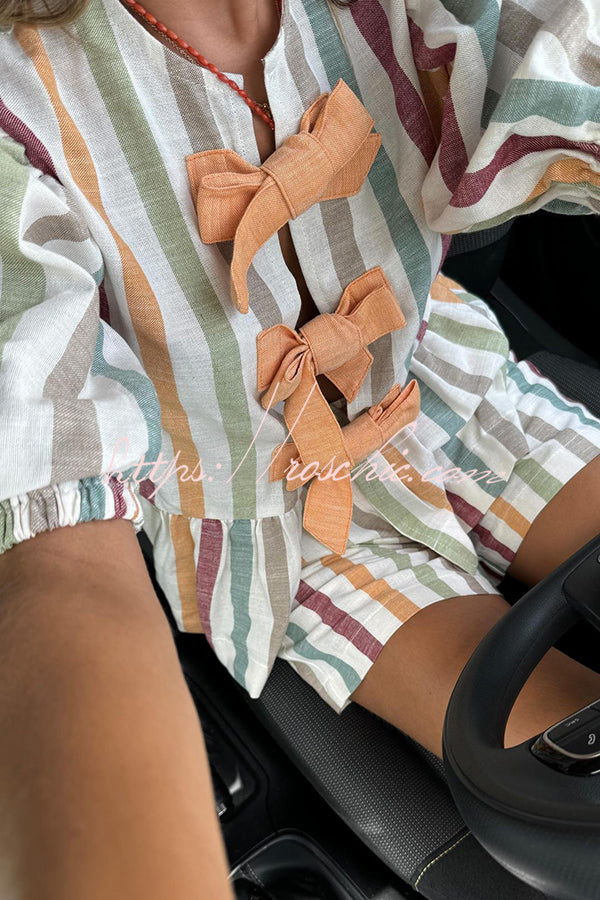 Nikita Linen Blend Striped Knotted Puff Sleeve Top and Elastic Waist Pocket Shorts Set