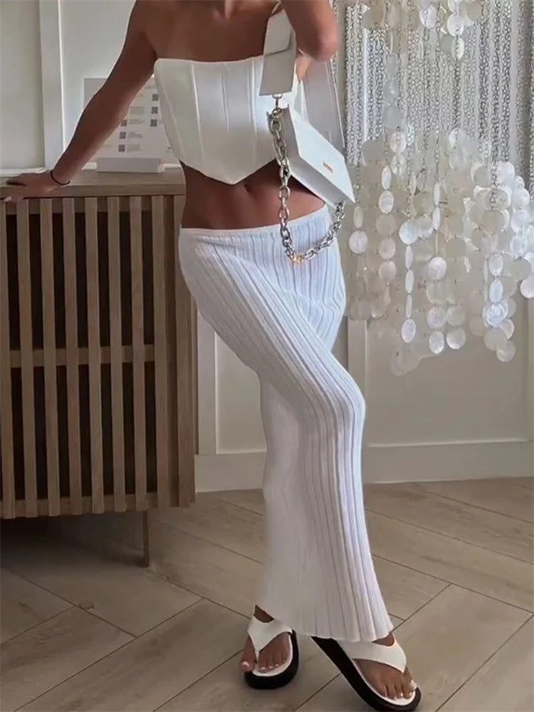 Summer Knit Long Skirt Holiday Party Beach Cove-up Midi Skirts Dropped Waist See Through Wrap White Maxi Skirt