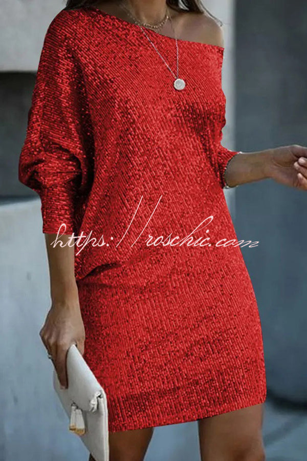 Sequined Off-shoulder Loose Mini Dress