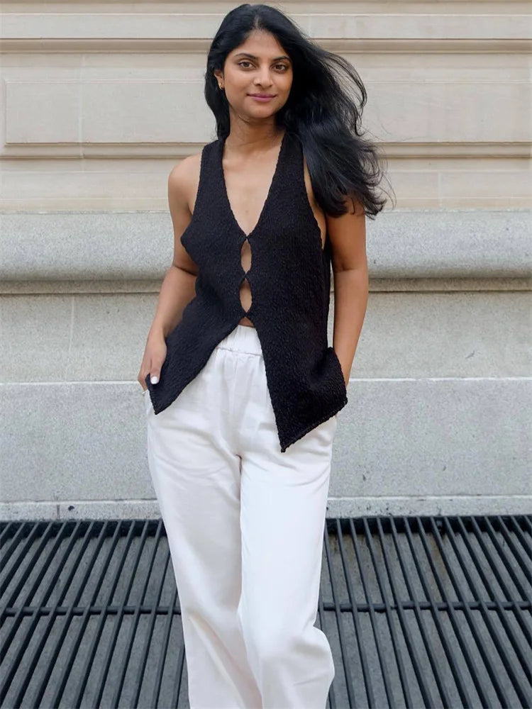 V-neck Sleeveless Knit Cardigan Sweater Hollow Out Female High Street Summer Vest Outfit for Knitwear Crop Top