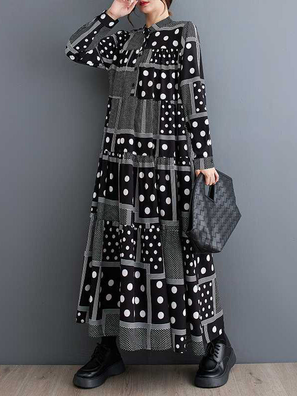 Long Sleeves Loose Buttoned Polka-dot Printed Split-joint Midi Dresses