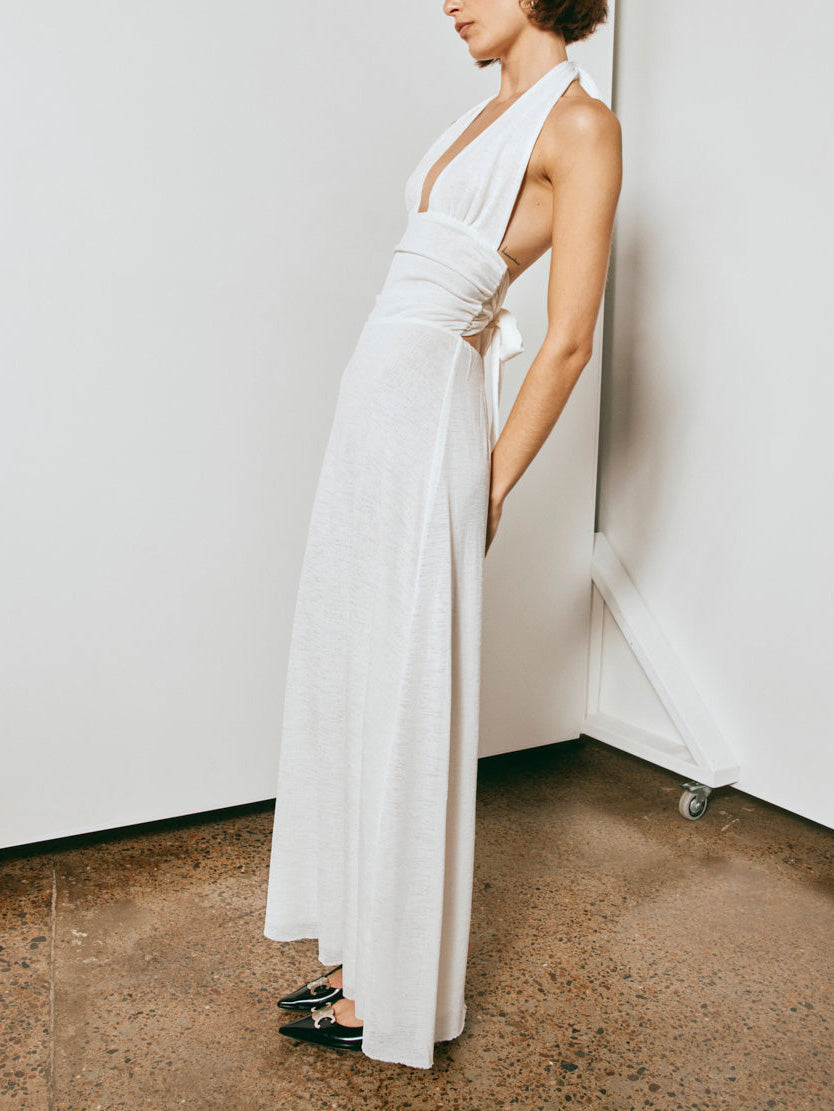 Halter Neck Deep V-neck Slim Fit Pleated Backless Midi Dress