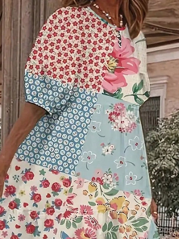 Half Sleeves Loose Flower Print Polka-dot Round-neck Midi Dresses