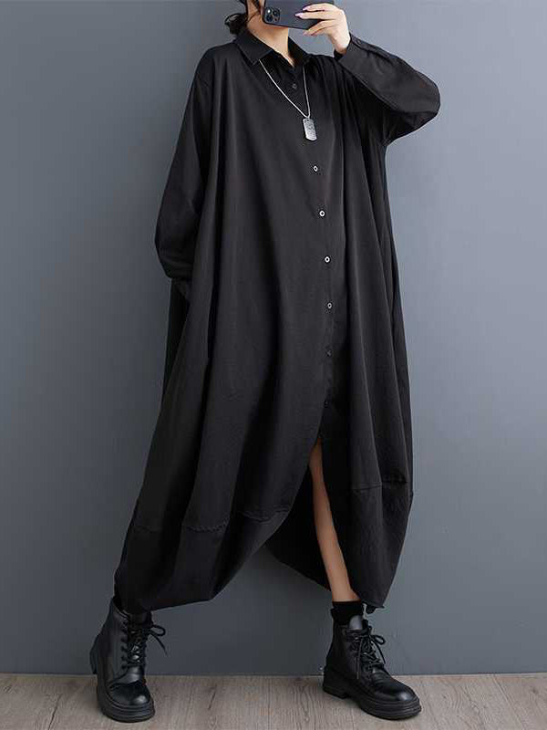 A-line Long Sleeves Buttoned Pockets Color Split-joint Lapel Midi Dresses Shirt Dress