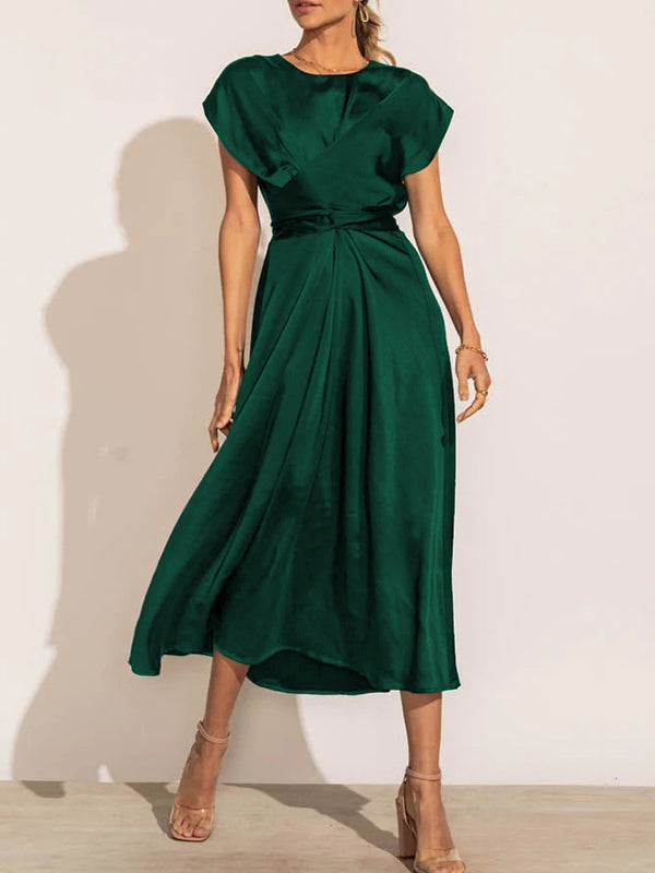 Loose Short Sleeves Color Split-joint Tied Waist Round-neck Midi Dresses
