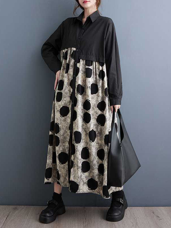A-line Long Sleeves Asymmetric Buttoned Polka-dot Split-joint Lapel Midi Dresses Shirt Dress