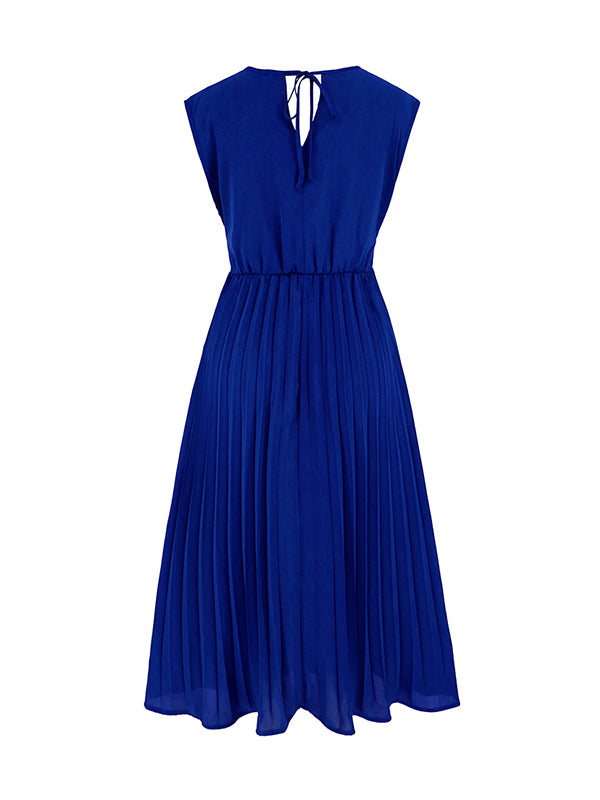 Sleeveless Pleated Color Tied Waist V-neck Midi Dresses