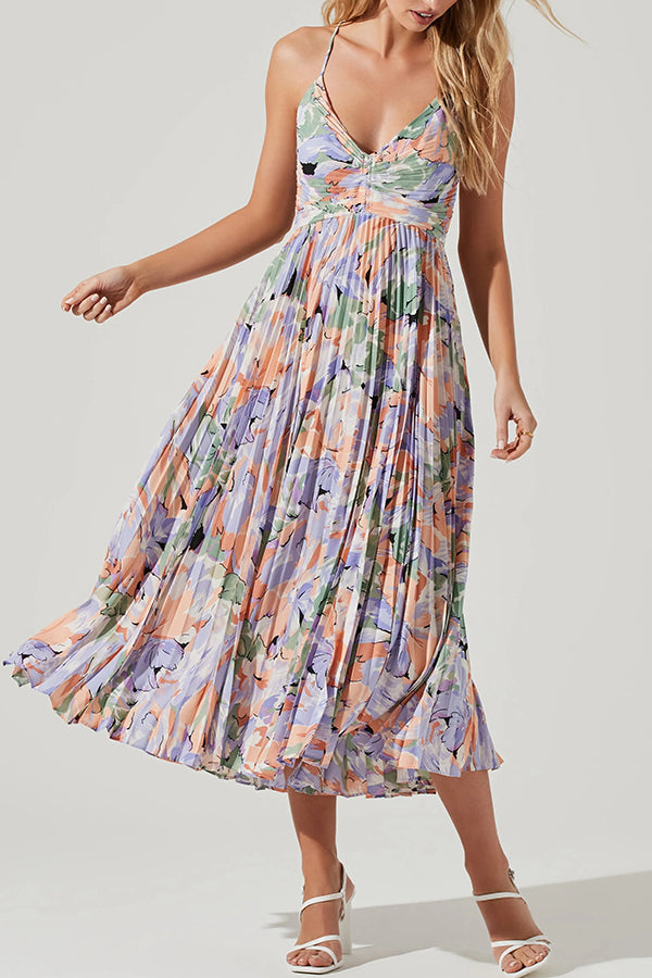 Wedding Party Season Print Pleated Back Tie-up Midi Dress