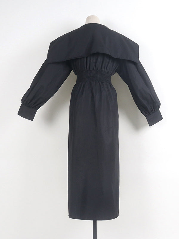 High Waisted Long Sleeves Asymmetric Belted Pleated Color Lapel Midi Dresses
