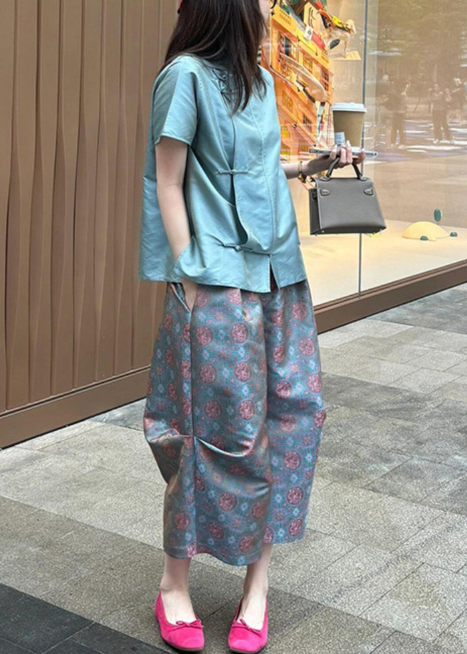 New Rose Button Shirt and Crop Pants Two-piece Set Summer Qp008