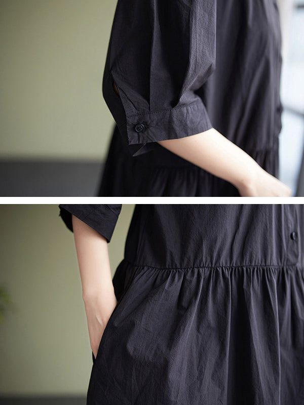 Original Loose Color Buttoned Pleated Midi Dress