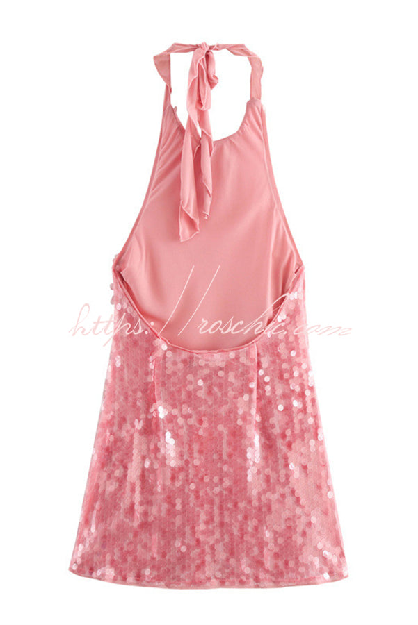 Rose Disc Sequin Halter Backless Mini Dress