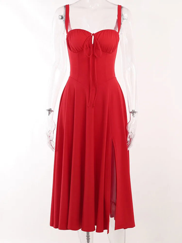 Backless Split Midi Dress for Robe Spaghetti Strap Sleeveless Lace-up Pleated Party Long Dress Vestido