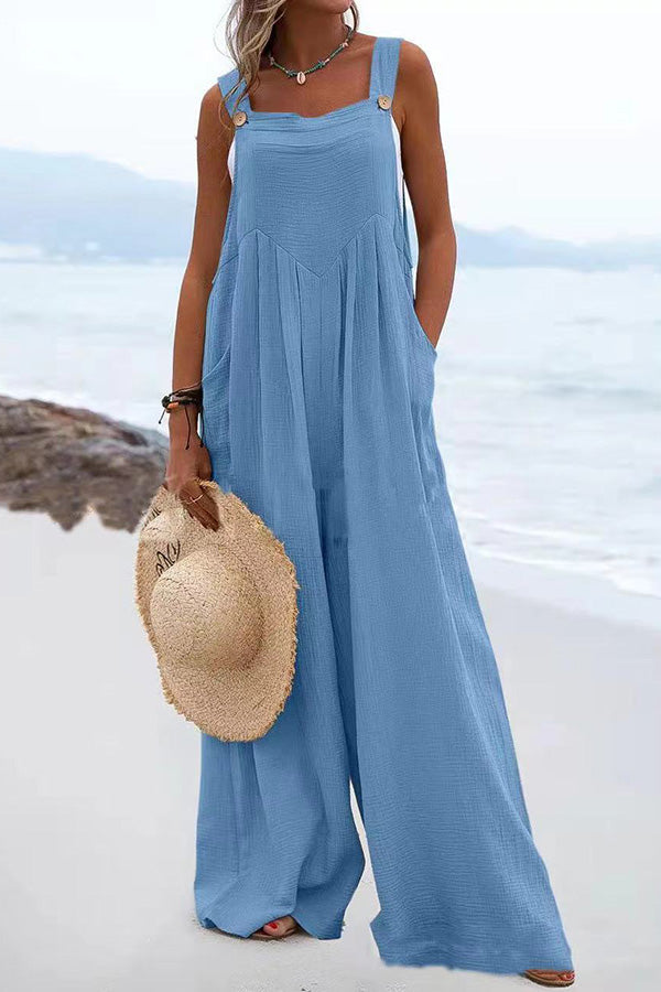 Button Suspender Wide Leg Line Jumpsuit