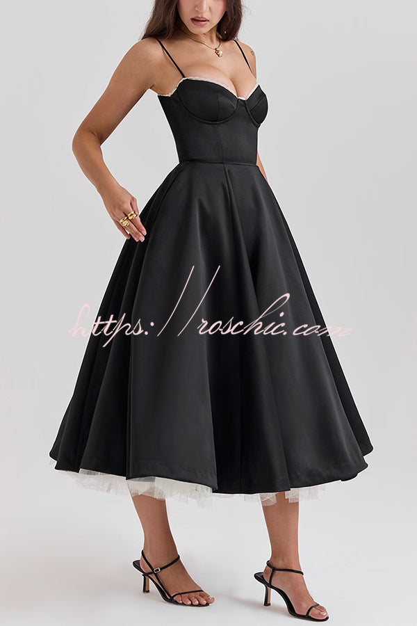 Fairytale Vibe Satin Patchwork Tulle Sweetheart Neck Pocket Stretch Midi Dress