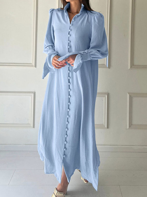 Flared Sleeves Long Sleeves Buttoned Color Split-side Stand Collar Midi Dresses Shirt Dress