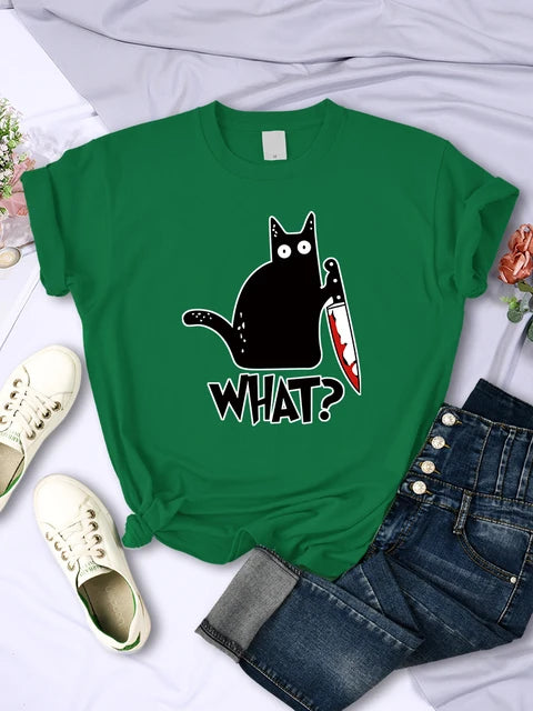 Kitchen Knife Black Cat Wha? Print Female Short Sleeve Breathable T-shirts Summer Cool Tee Clothes Street Hip Hop Tops