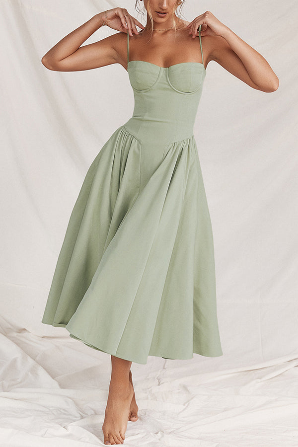 Color Slim Fit Suspender Pocket Midi Dress