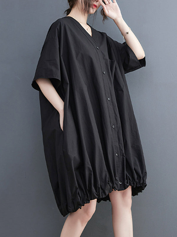 Loose Short Sleeves Color V-neck Midi Dresses