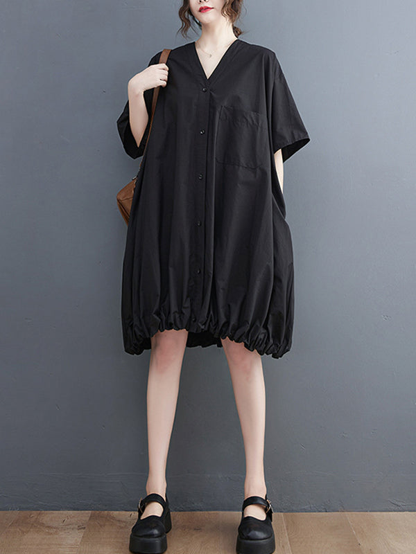 Loose Short Sleeves Color V-neck Midi Dresses