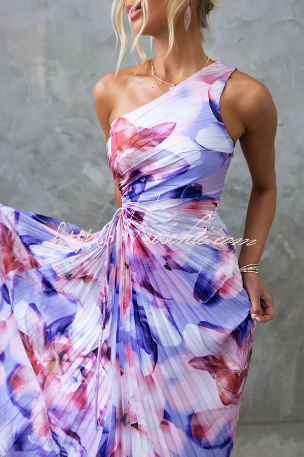 Laken Print One Shoulder Adjustable Tie Cutout Pleated Maxi Dress