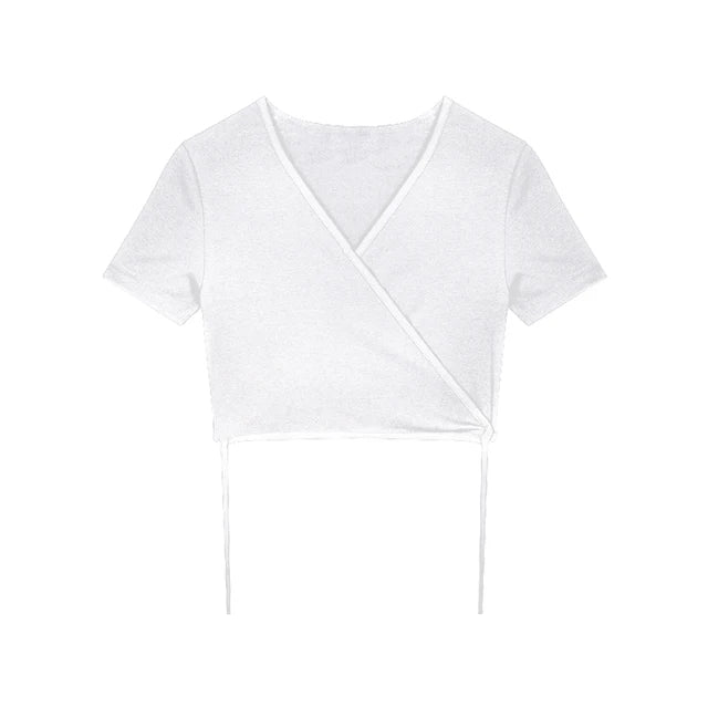 Summer Tee Tops T Shirts V-neck Cropped Top Cross Tie-up Harajuku Basic Korean Street T-shirts Mujer Y2k