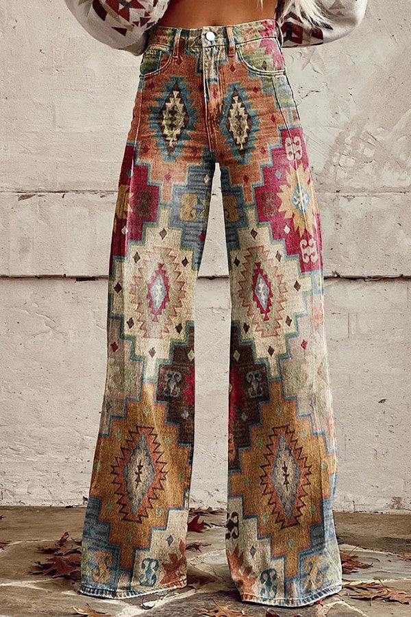 Unique Print Button Pocket Wide Leg Pants