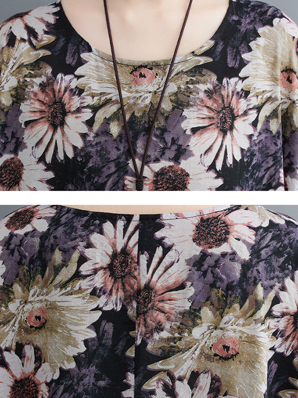 Loose Raglan Sleeve Printed Pleated Split-joint Round-neck Midi Dresses