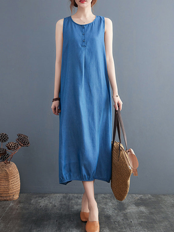 A-line Loose Buttoned Pleated Color Round-neck Midi Dresses