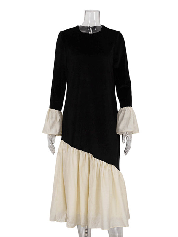 Flared Sleeves Long Sleeves Contrast Color Pleated Split-joint Round-neck Midi Dresses