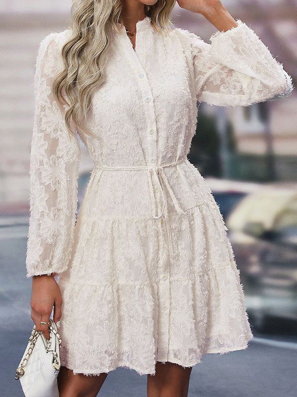 A-line Long Sleeves Buttoned Elasticity Jacquard Pleated Color Tied Waist Stand Collar Mini Dresses