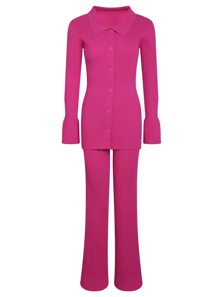 Ol Homewear Leisure Knitted Suit Autumn Long Sleeve Shirts and Wide Legs Pants Suit Two Piece Sets Outfits