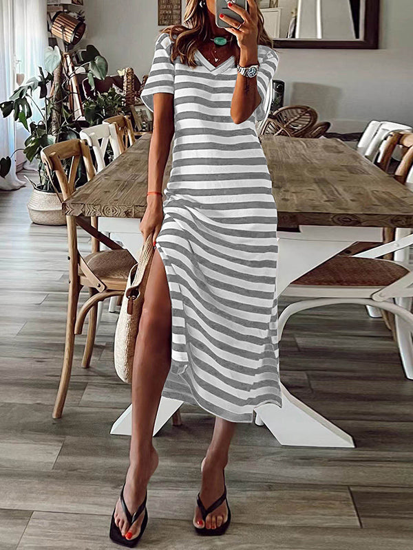 A-line Loose Printed Split-side Striped V-neck Midi Dresses
