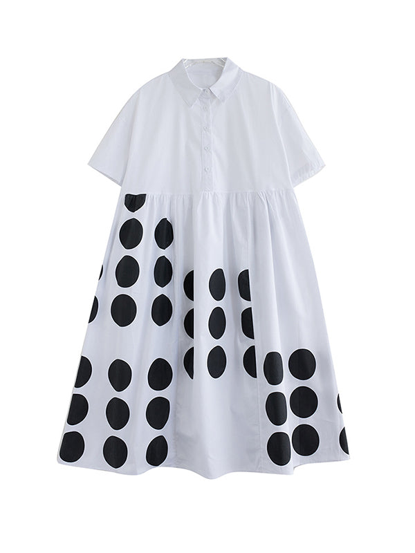 A-line Loose Buttoned Pockets Polka Dot Printed Lapel Midi Dresses
