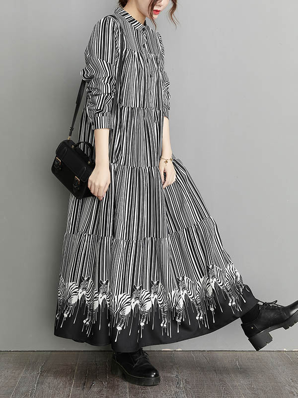 Loose Striped Buttoned Stand Collar Long Sleeves Midi Dress